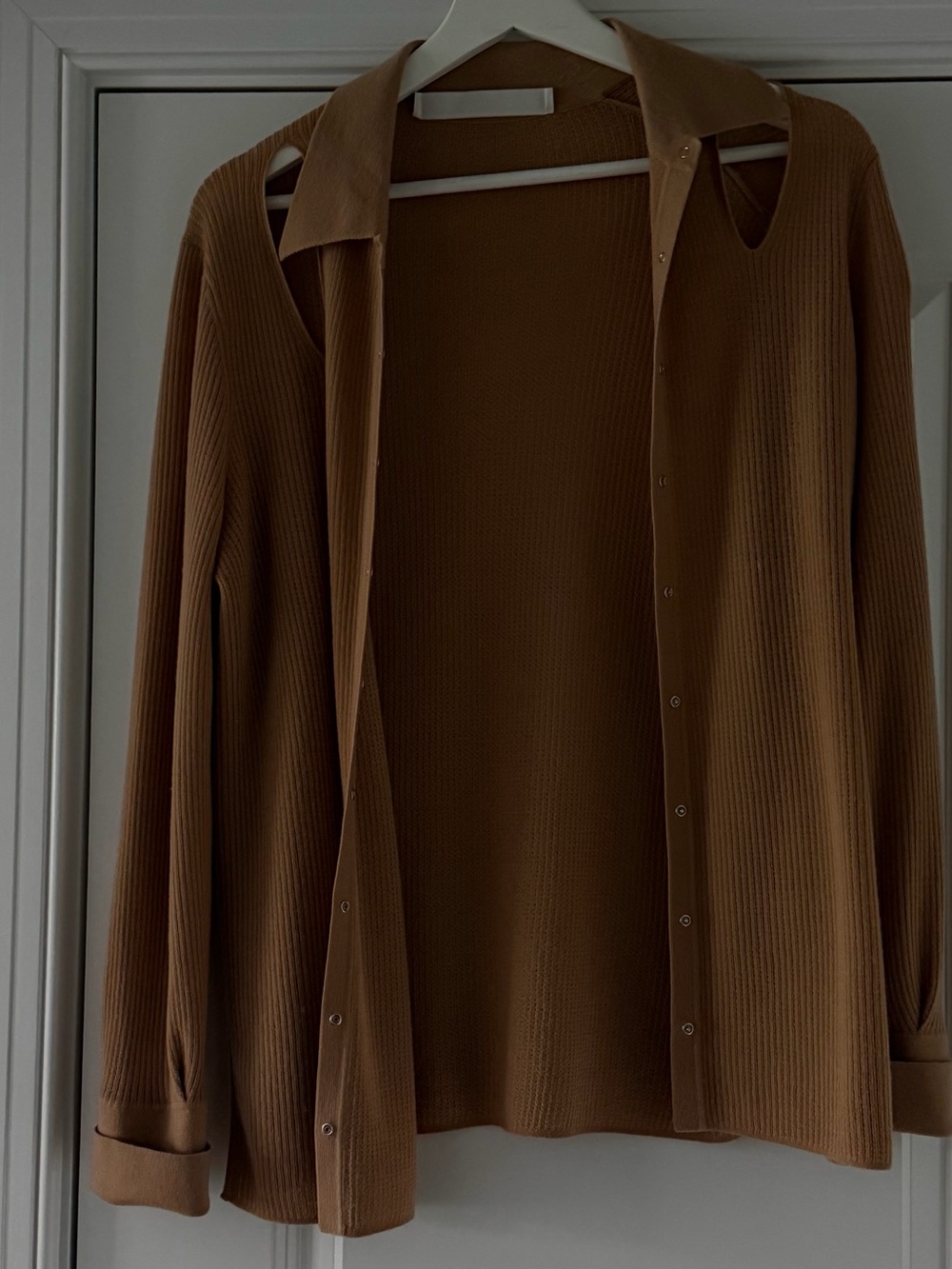 Ribbed Button-Front Cardigan Set in Camel